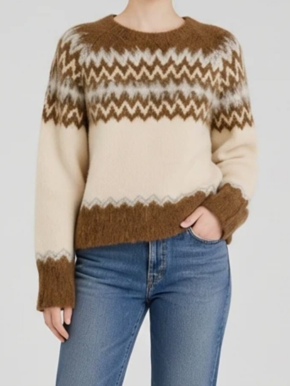J.Crew Fair Isle Crewneck  Brushed Wool Alpaca  Sweater Brown & Cream Size XS.